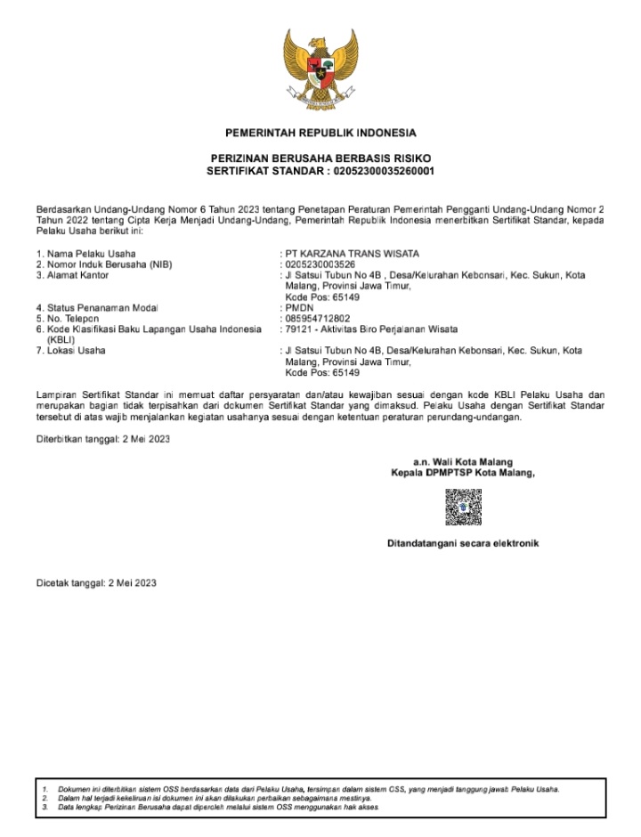 Legalitas & Sertifikat Karzana Trans